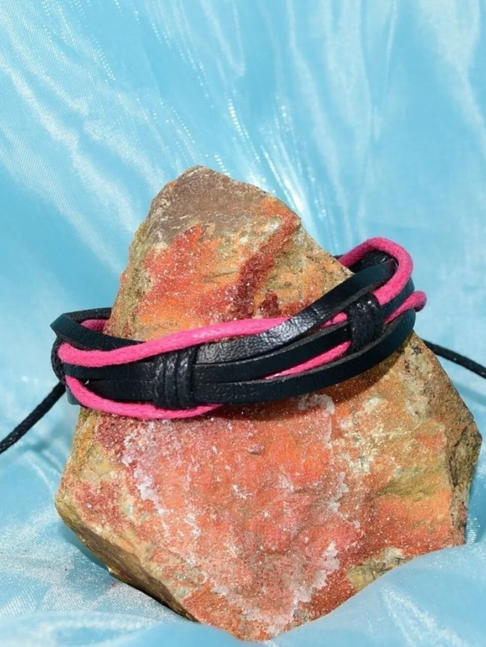 Aubrey Logan Multi Layer Leather Bracelet Black and Pink Mens Gift Boxed
